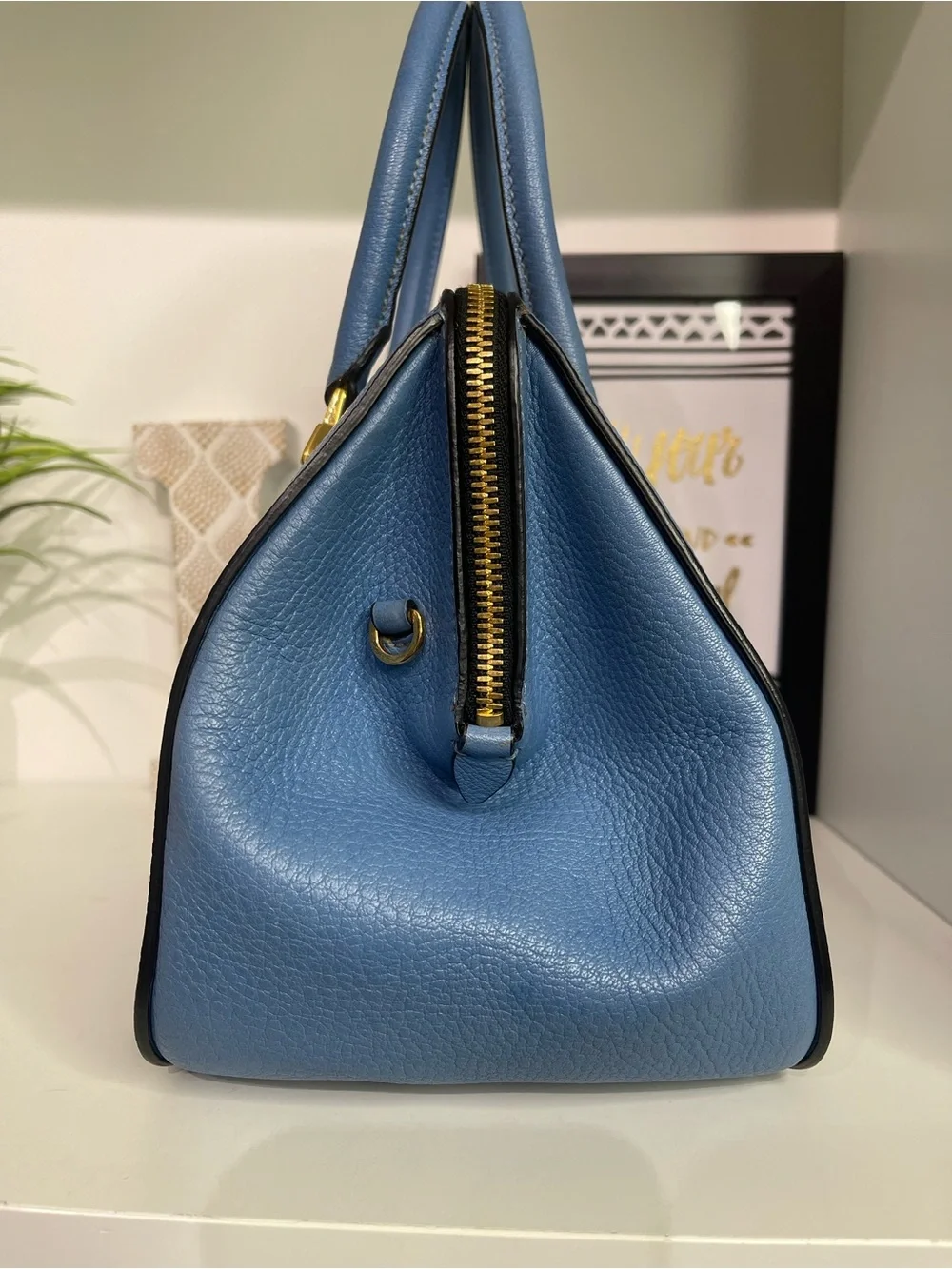 Miu Miu Cornflower Blue Pebbled Leather Satchel 2 Way with Gold Hardware